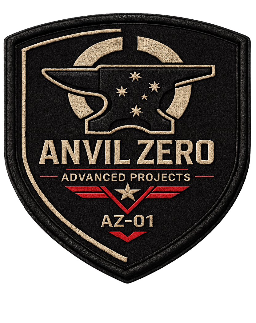 Anvil Zero Advanced Projects embroidered shield patch with a Southern Cross on the anvil